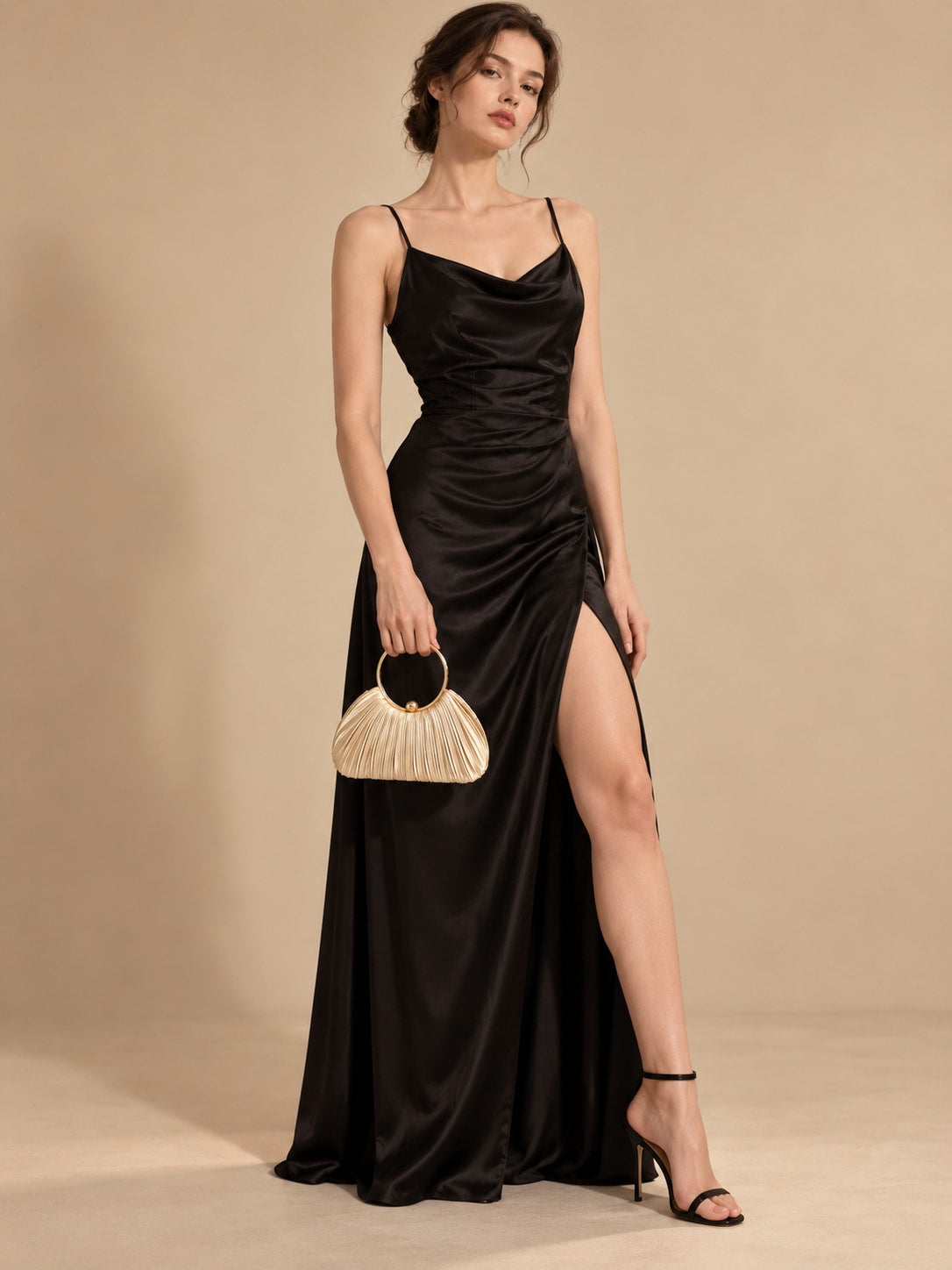 Champagne Elegant Pleated Satin Round Ring Handle Clutch