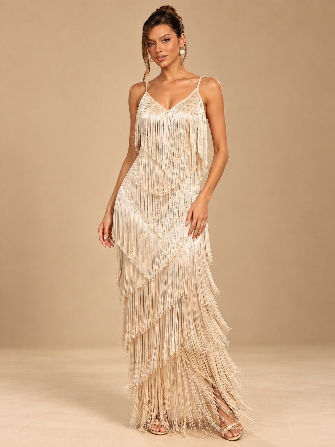 Champagne Fringe Maxi Dress for Party & Evening