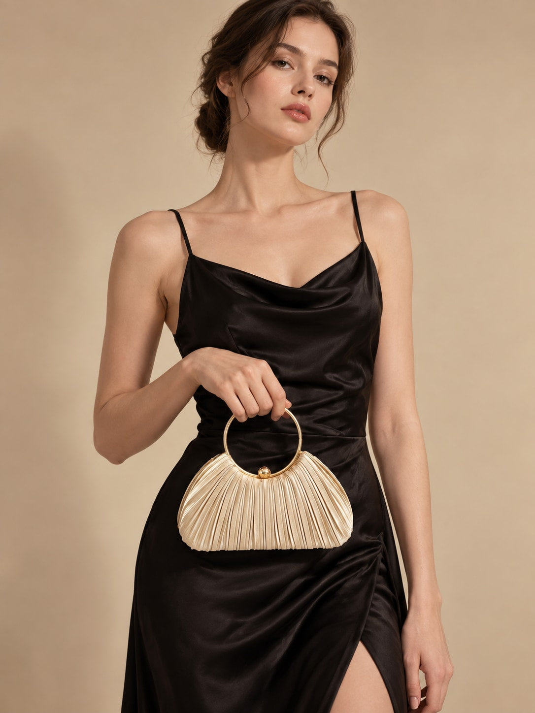 Champagne Elegant Pleated Satin Round Ring Handle Clutch