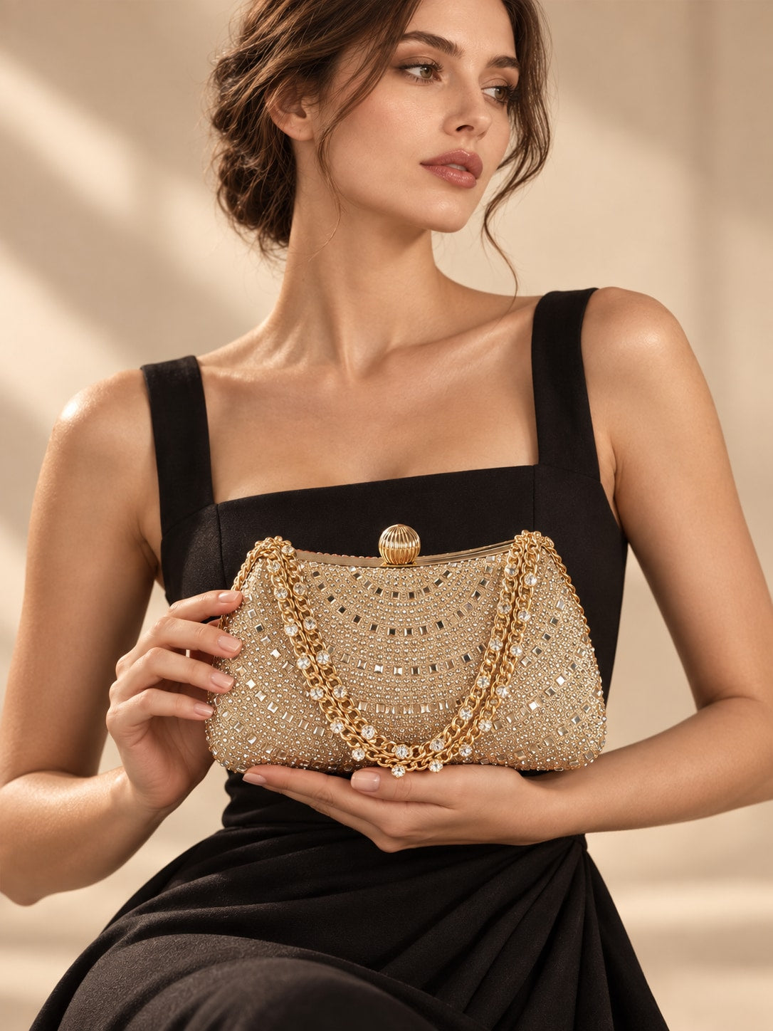 Champagne Dazzling Tone Rhinestone Clutch Evening Bag