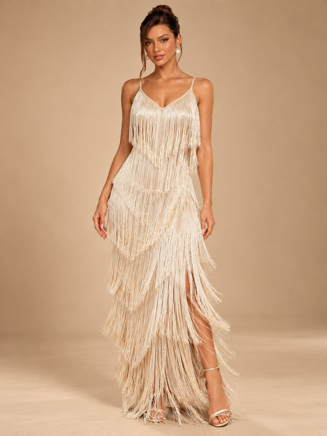 Champagne Fringe Maxi Dress for Party & Evening