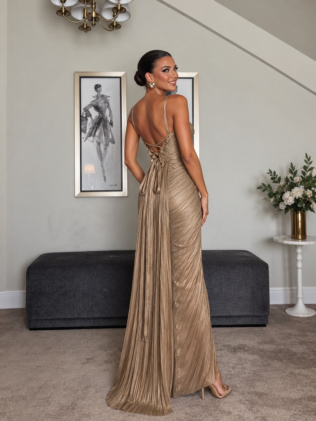 Champagne Pleated Corset Maxi Dress for Gala & Weddings