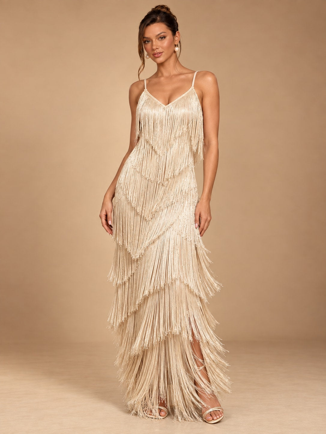 Champagne Fringe Maxi Dress for Party & Evening