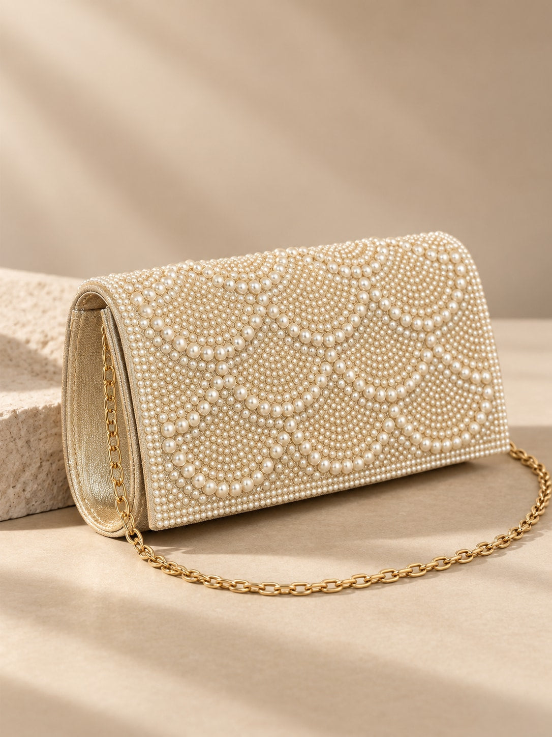 Champagne Elegant Pearl Beaded Evening Clutch with Chain