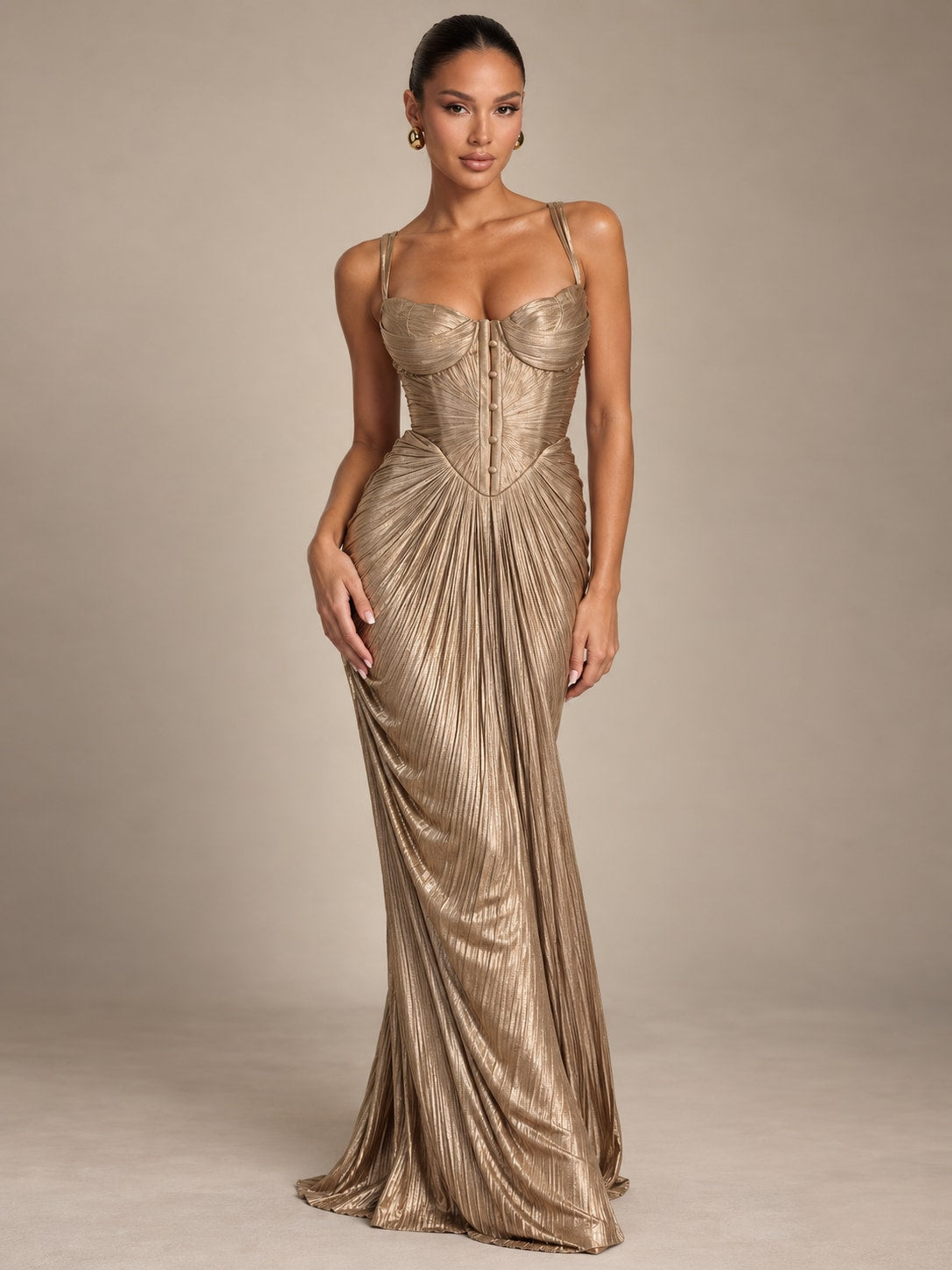 Champagne Pleated Corset Maxi Dress for Gala & Weddings