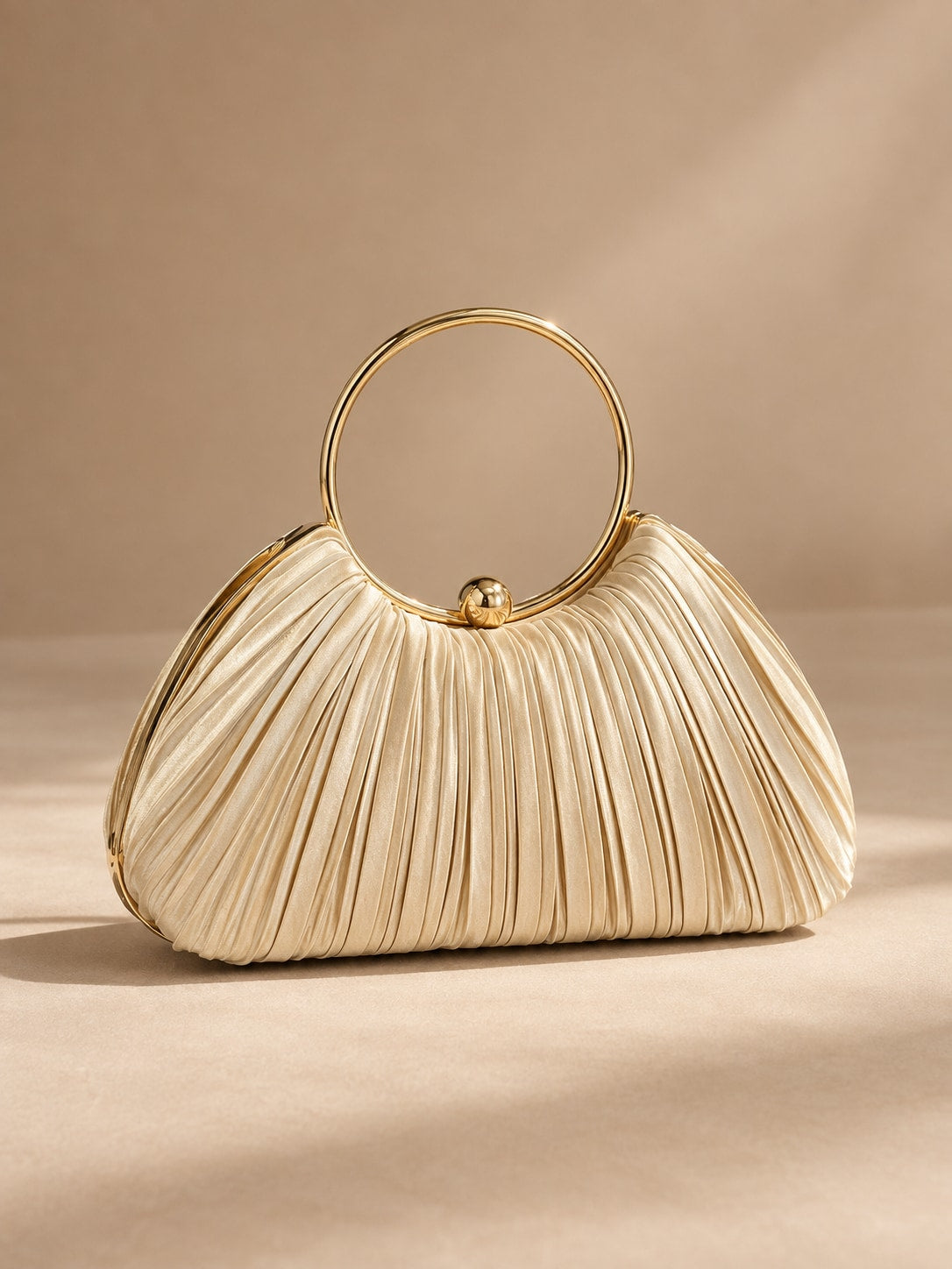 Champagne Elegant Pleated Satin Round Ring Handle Clutch