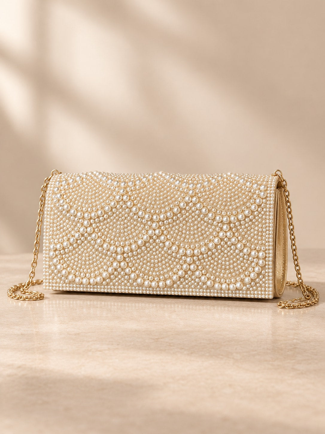 Champagne Elegant Pearl Beaded Evening Clutch with Chain