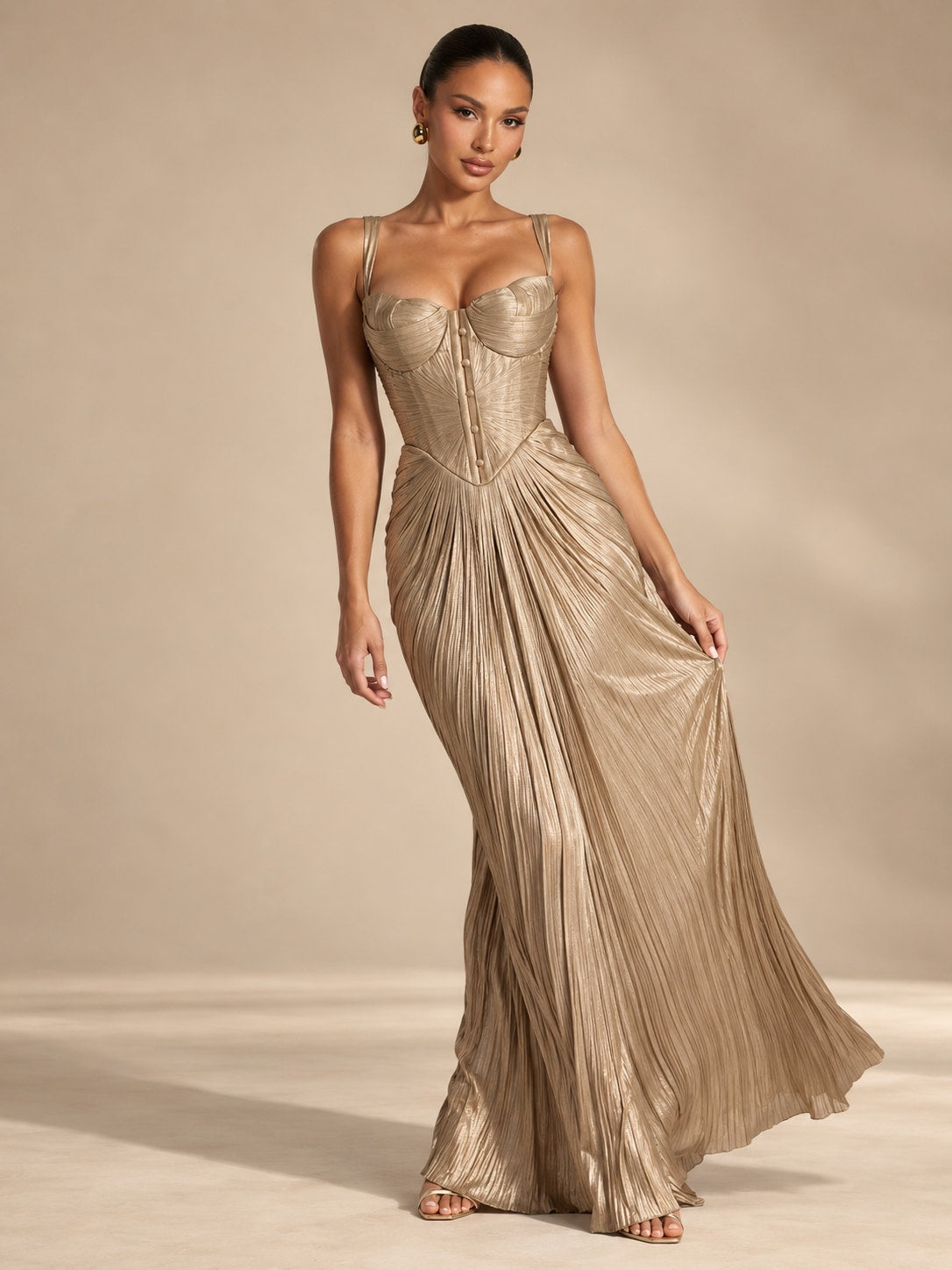 Champagne Pleated Corset Maxi Dress for Gala & Weddings