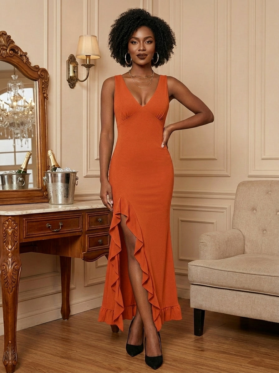 Kokodress V-Neck Ruffle Slit Maxi Dress for Wedding Guest