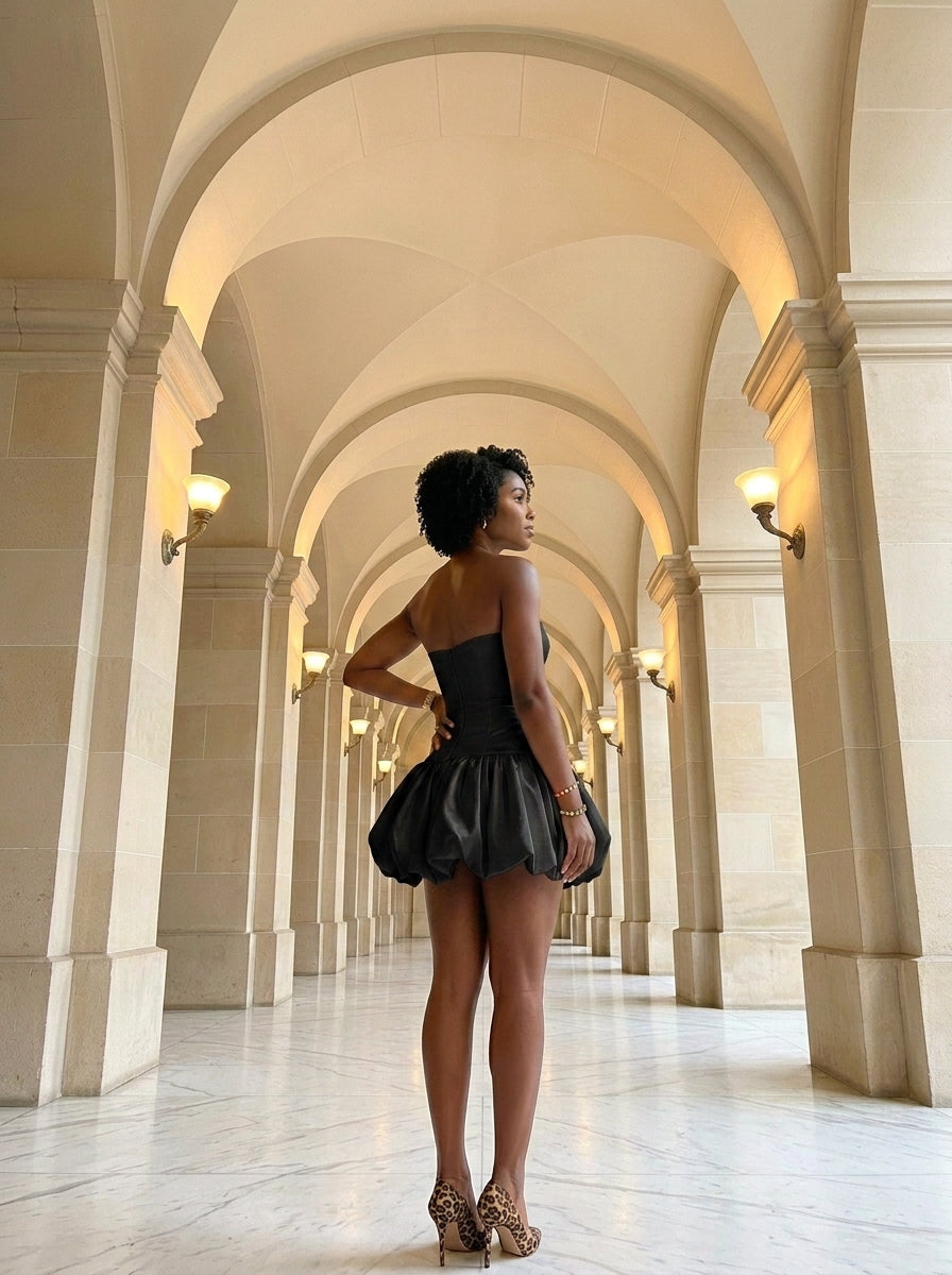 Kokodress Strapless Satin Corset Bubble Hem Mini Dress for Party