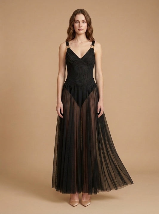 Kokodress Ivory Pleated Tulle Maxi Dress with Gold Hardware for Formal Occasions
