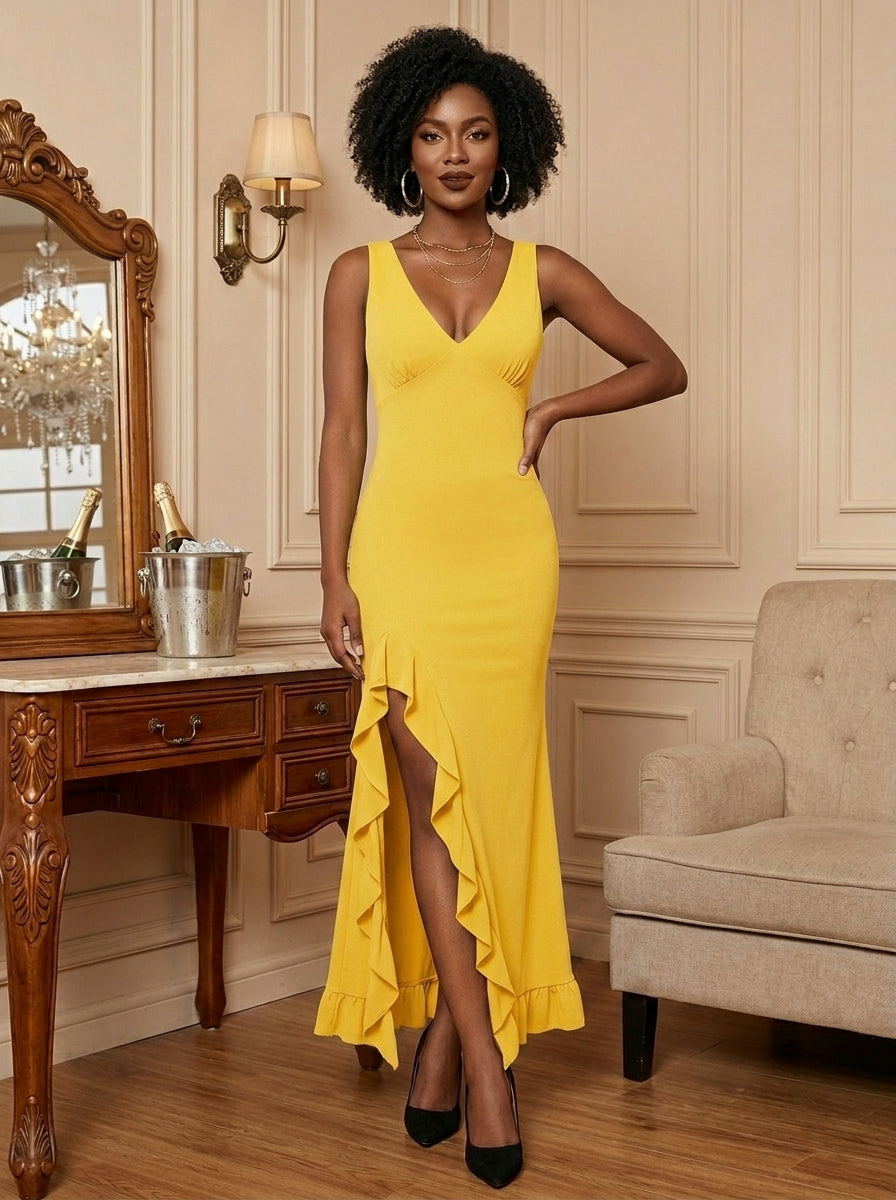 Kokodress V-Neck Ruffle Slit Maxi Dress for Wedding Guest