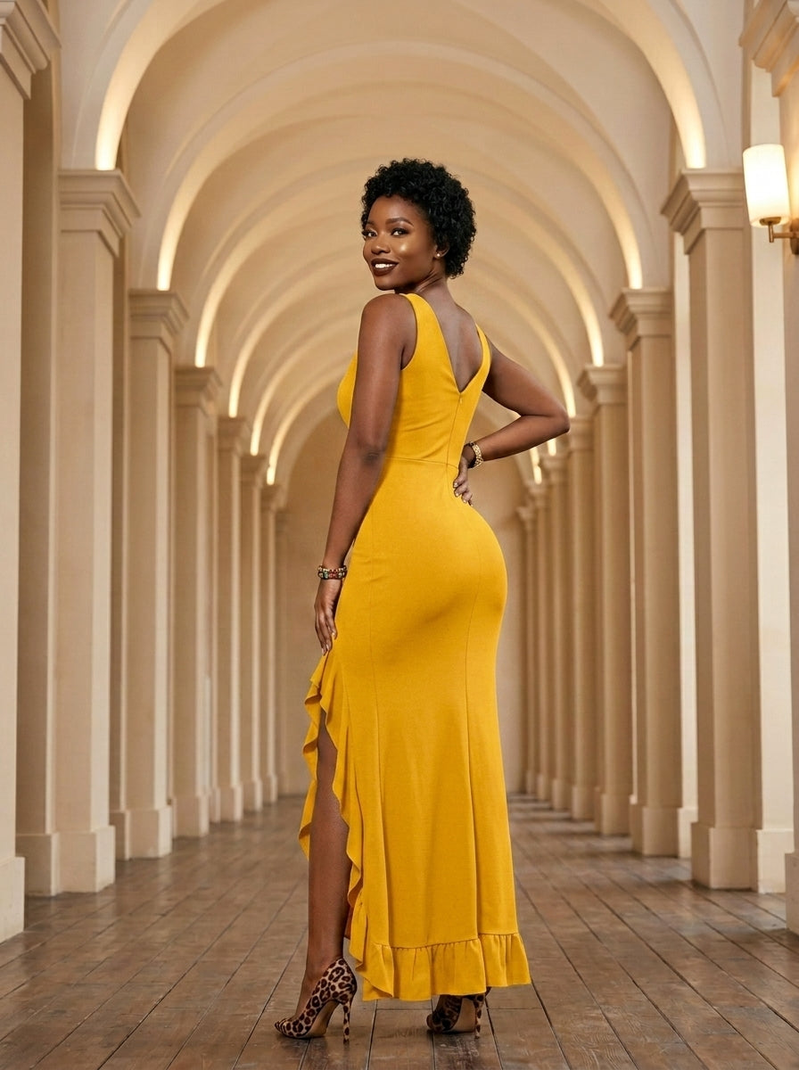 Kokodress V-Neck Ruffle Slit Maxi Dress for Wedding Guest