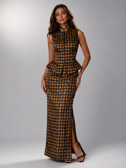 KoKodress Brown Jacquard Peplum Two-Piece Formal Midi Set