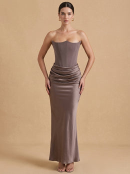 KoKodress Strapless Corset Draped Satin Maxi Dress for Wedding Guest