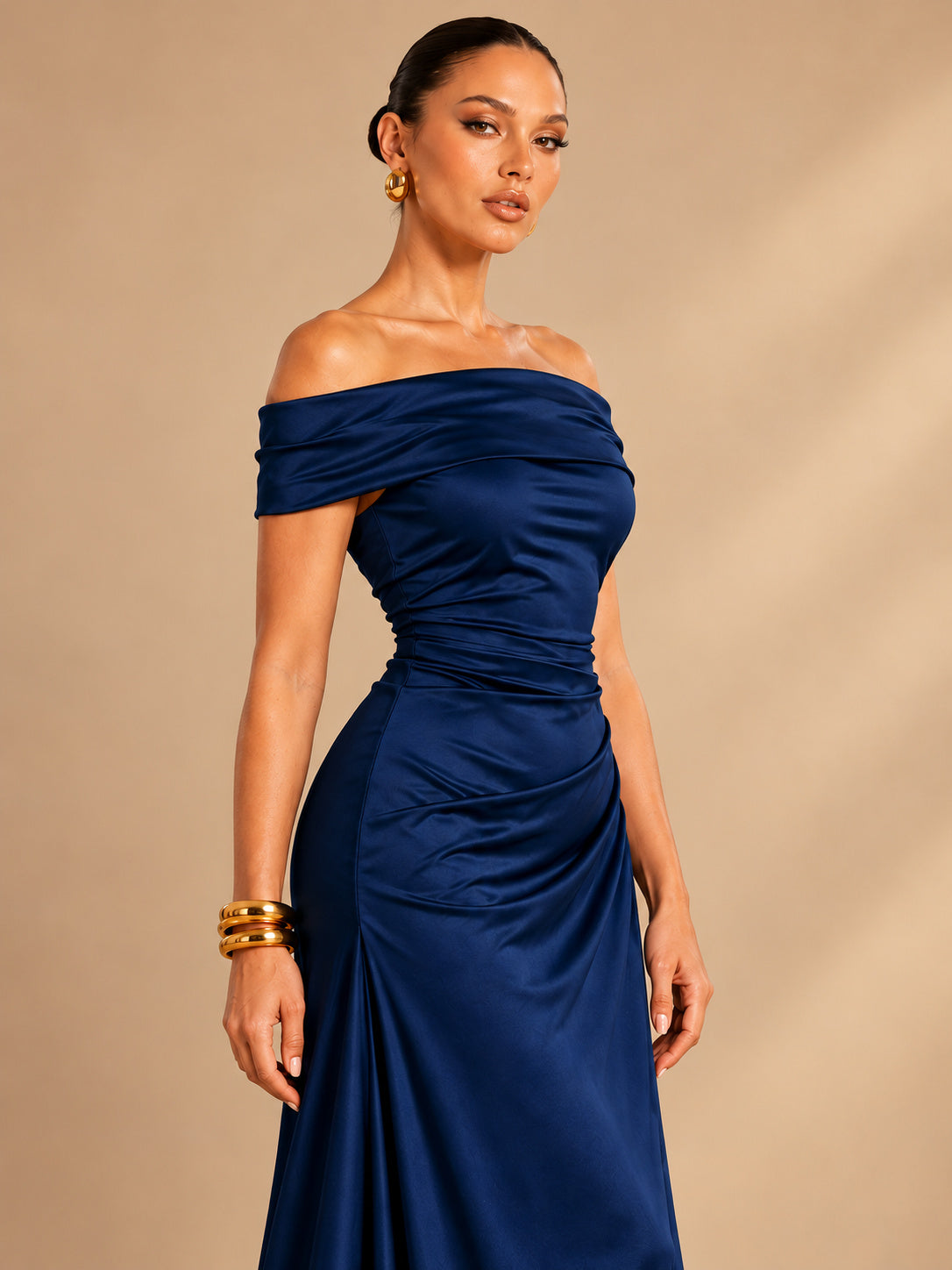 Deep Blue Satin Foldover Off-Shoulder Maxi Dress for Formal