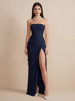 KoKodress Strapless Ruched Draped Maxi Dress with Slit for Formal Events