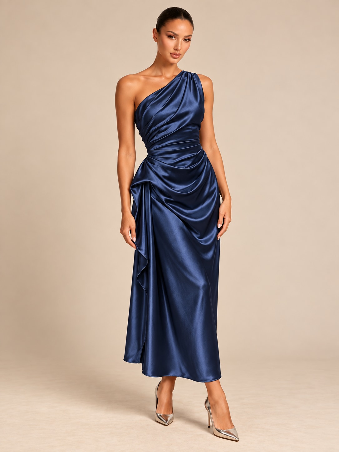 Deep Blue One-Shoulder Draped Satin Midi Dress for Weddings