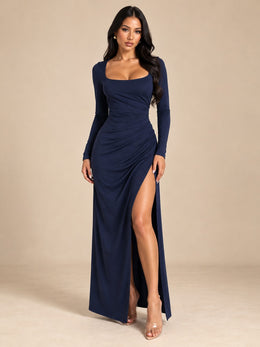 KoKodress Navy Long Sleeve Ruched High Slit Maxi Dress for Evening