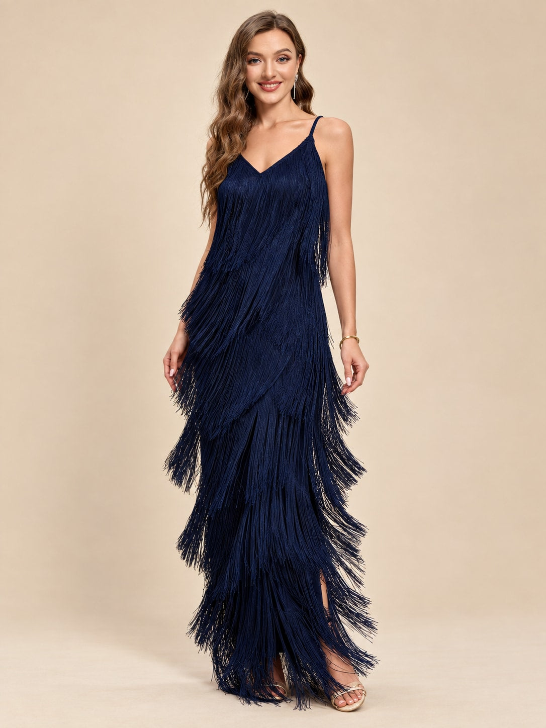 Deep Blue Fringe Maxi Dress for Party & Evening