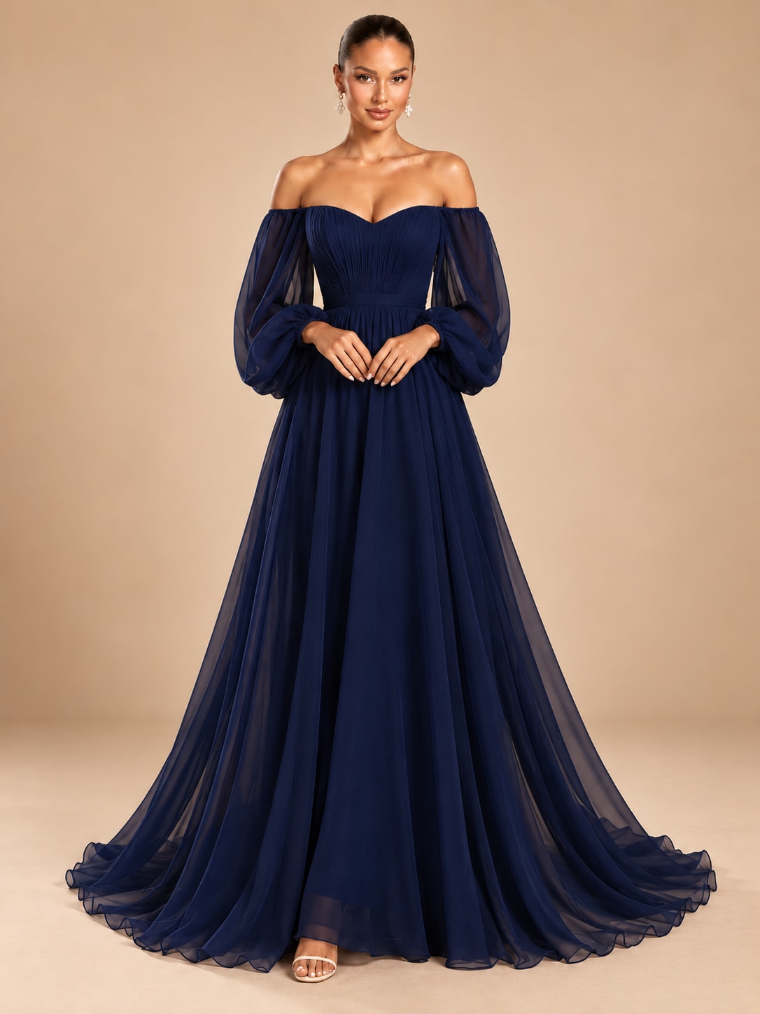 Deep Blue Off-Shoulder Puff Sleeve Gown for Weddings & Gala