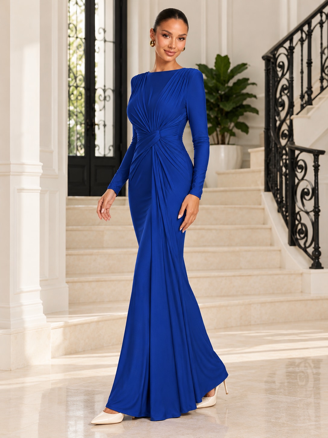 Deep Blue Long Sleeve Ruched Maxi Dress for Formal
