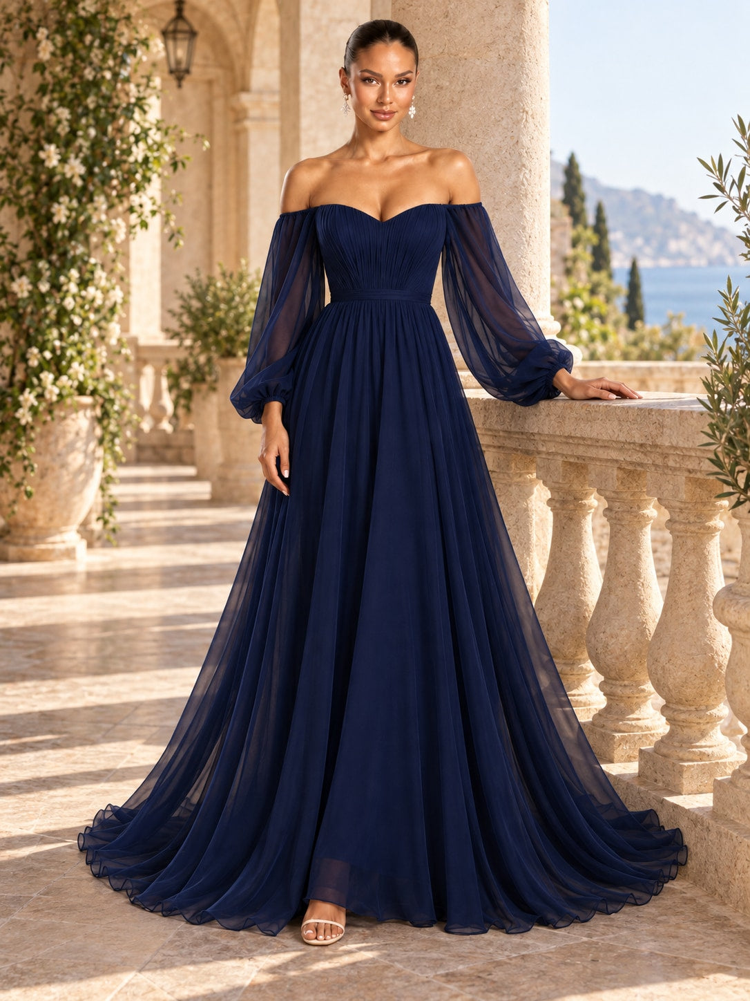 Deep Blue Off-Shoulder Puff Sleeve Gown for Weddings & Gala