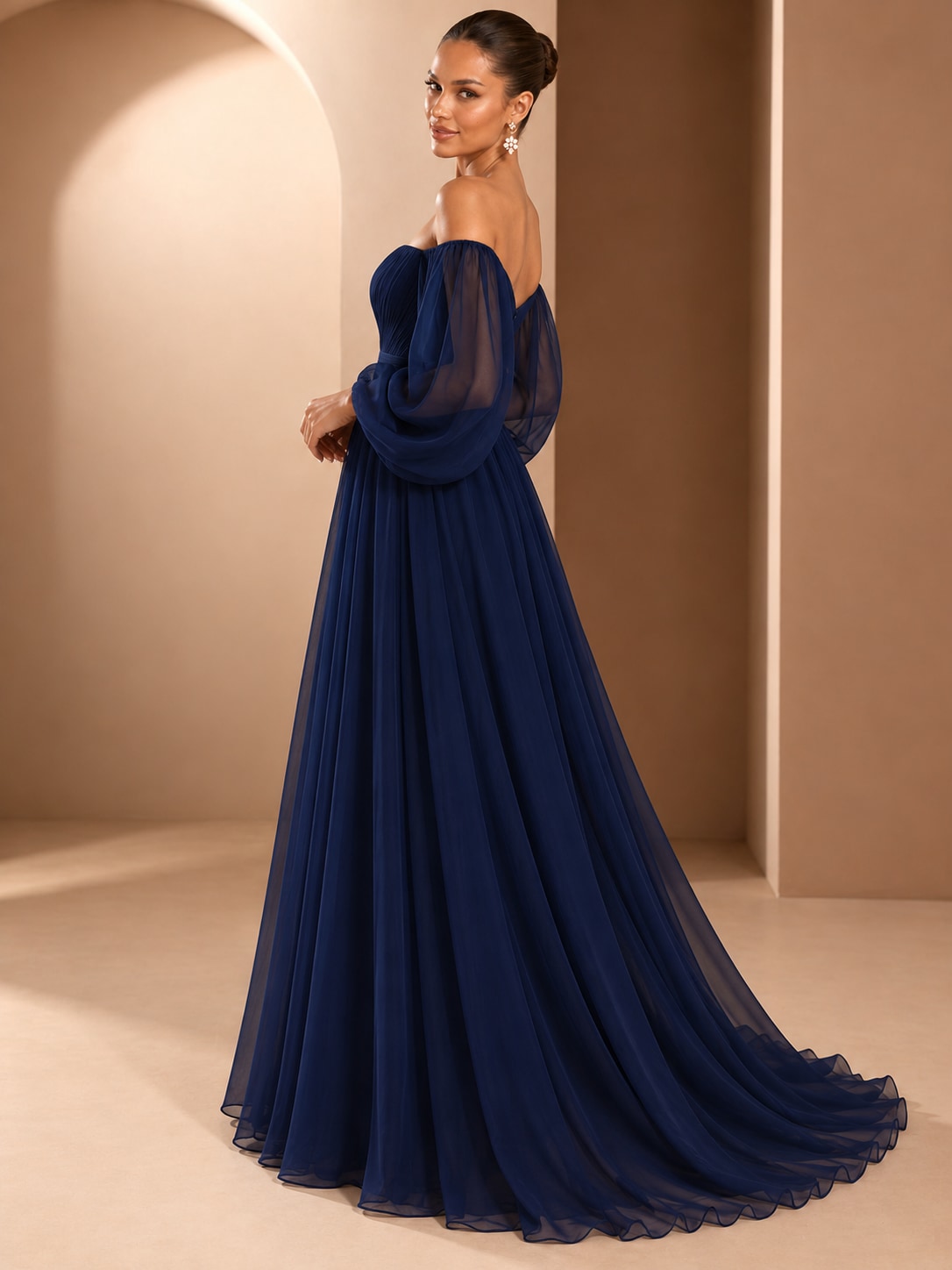 Deep Blue Off-Shoulder Puff Sleeve Gown for Weddings & Gala