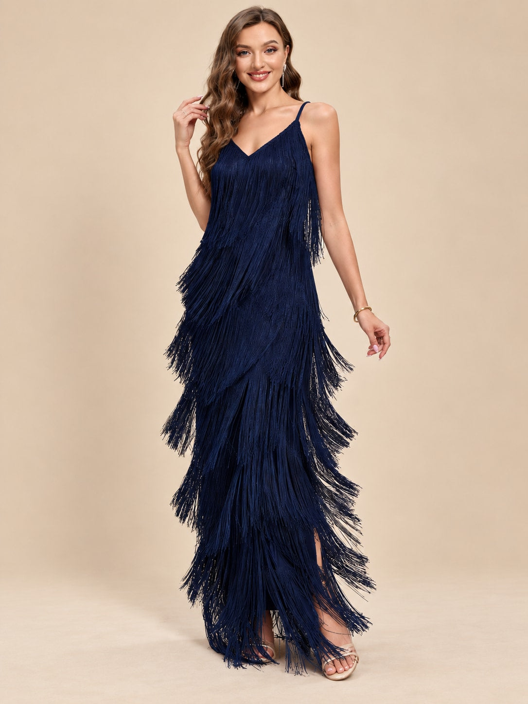 Deep Blue Fringe Maxi Dress for Party & Evening