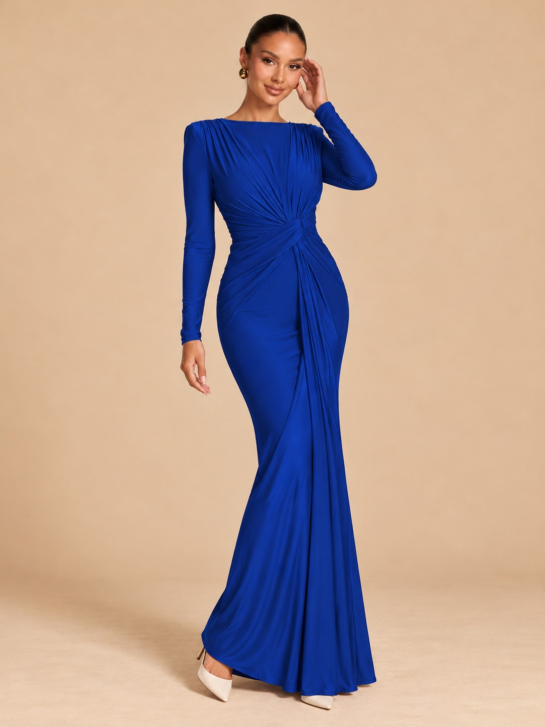 Deep Blue Long Sleeve Ruched Maxi Dress for Formal