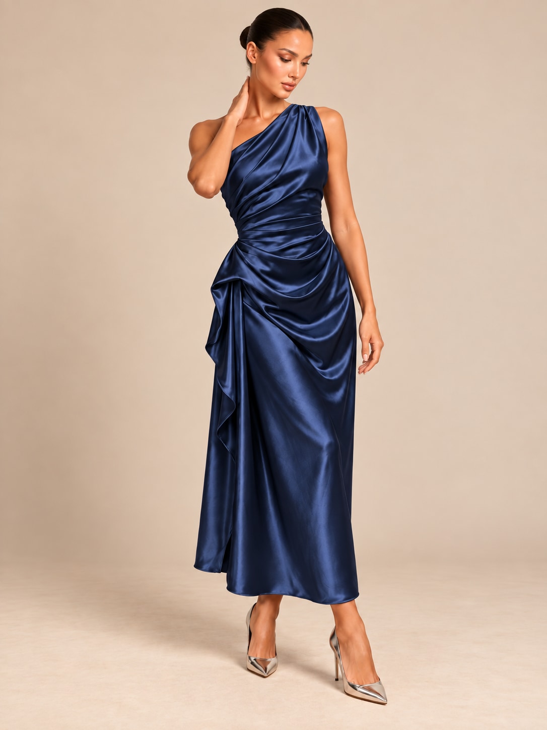 Deep Blue One-Shoulder Draped Satin Midi Dress for Weddings