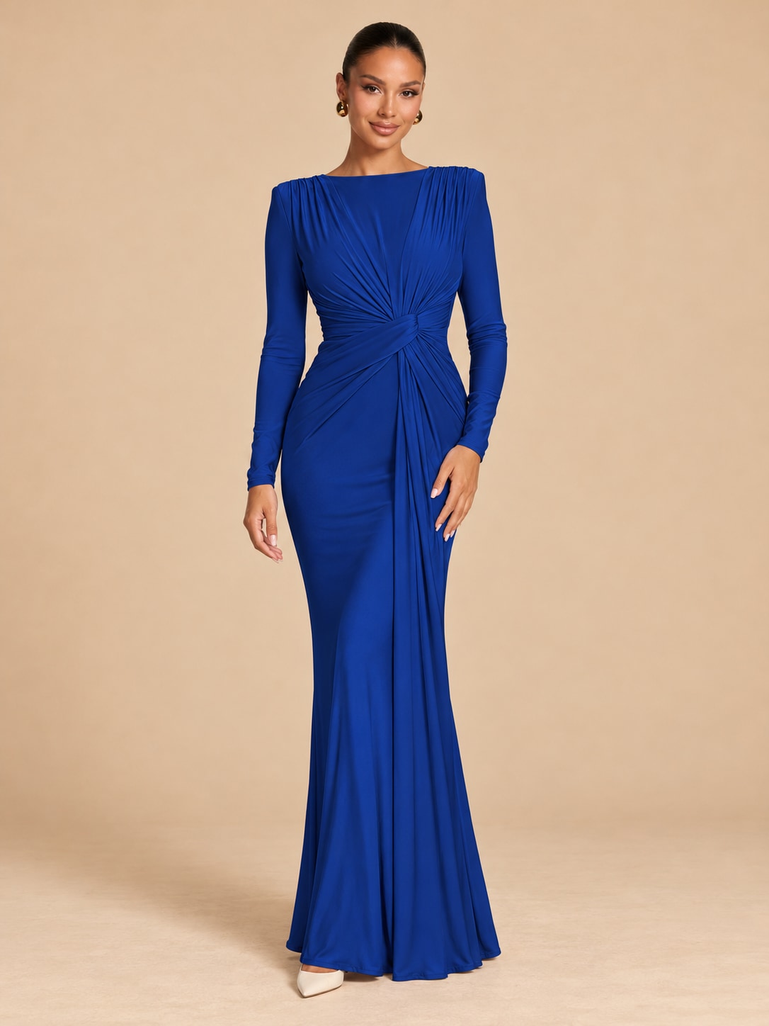 Deep Blue Long Sleeve Ruched Maxi Dress for Formal