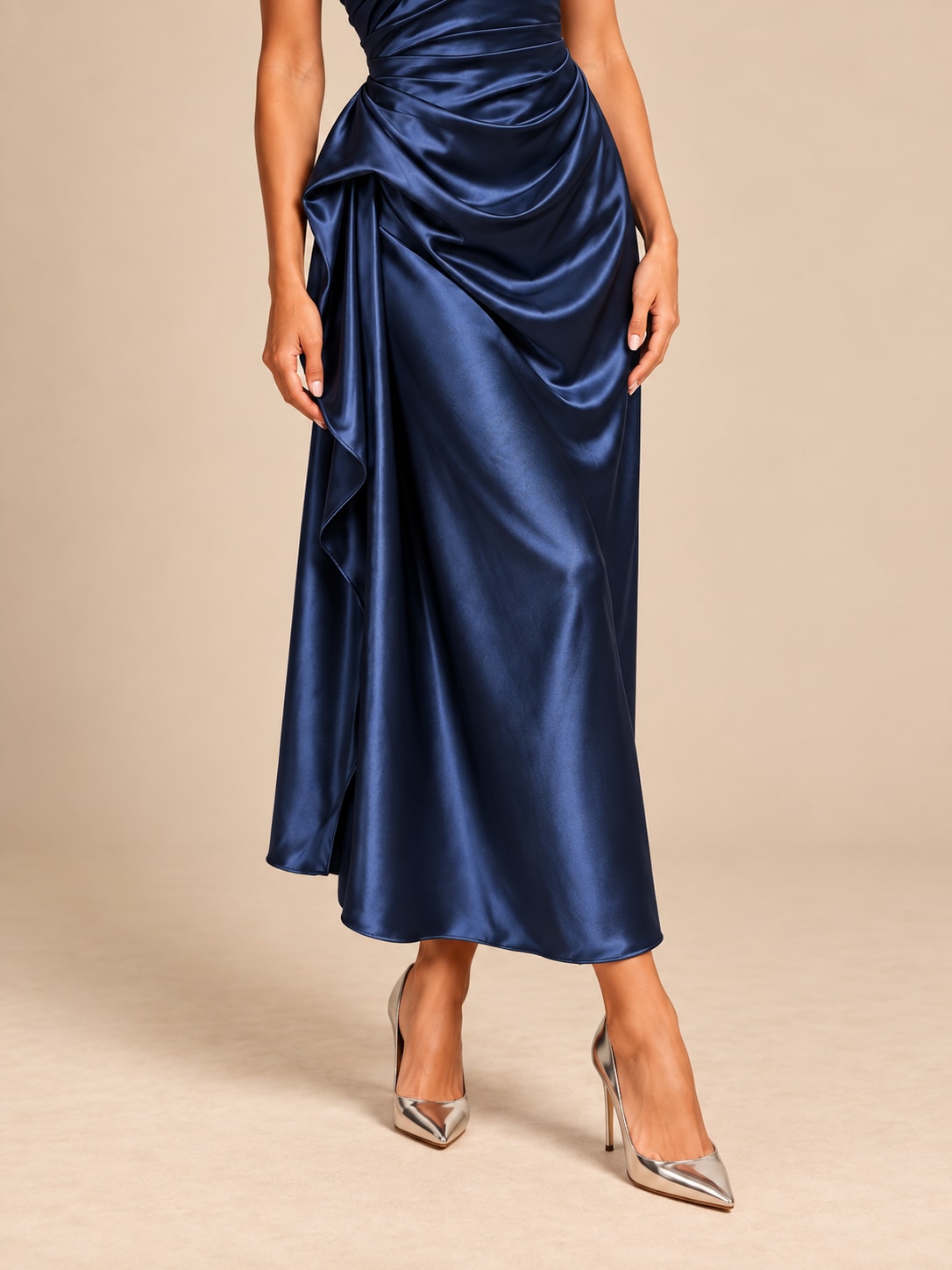 Deep Blue One-Shoulder Draped Satin Midi Dress for Weddings