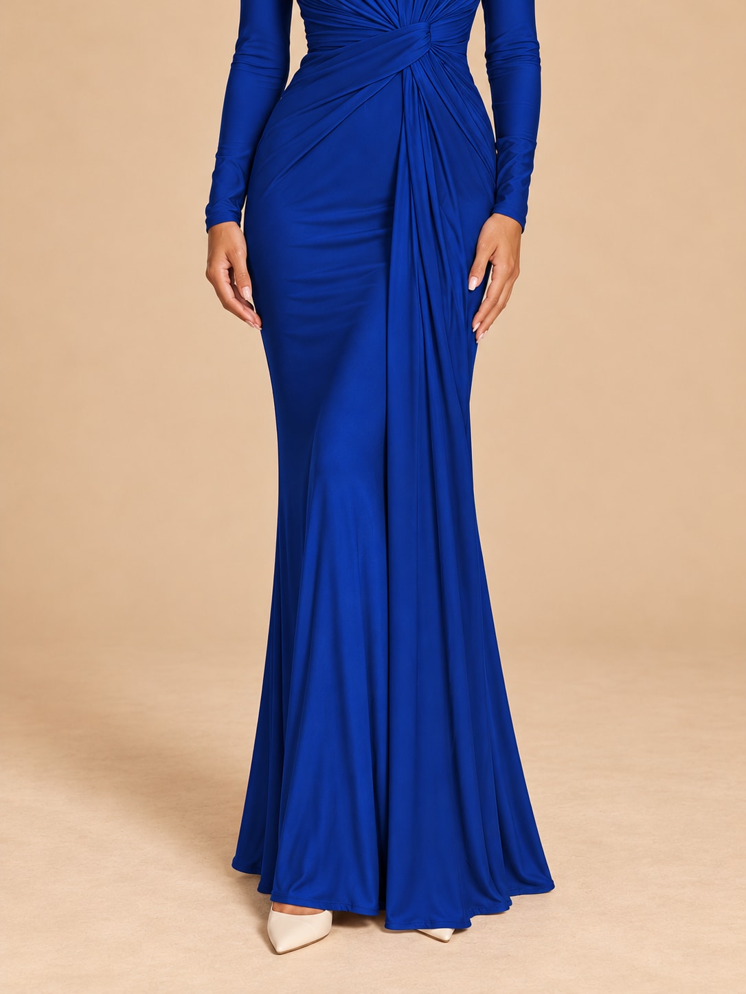 Deep Blue Long Sleeve Ruched Maxi Dress for Formal