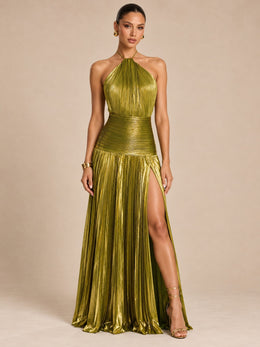 KoKodress Metallic Pleated Halter Gown for Gala & Party