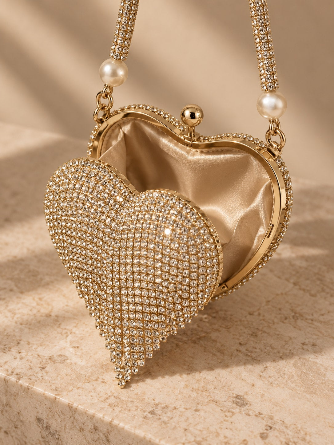 Gold Dazzling Gold-Tone Heart Rhinestone Mini Clutch