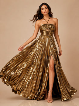 KoKodress Metallic Halter Pleated Maxi Dress for Gala