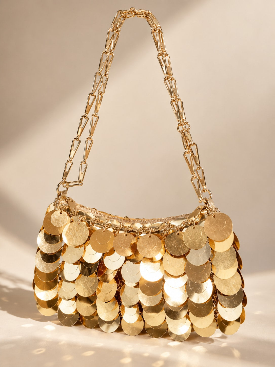 Gold Glamorous Tone Sequin Disc Shoulder Bag for Parties