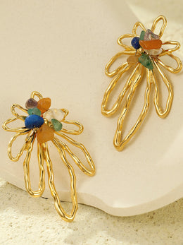 KoKodress Gold-Tone Hollow Petal Earrings with Colorful Stones - Party