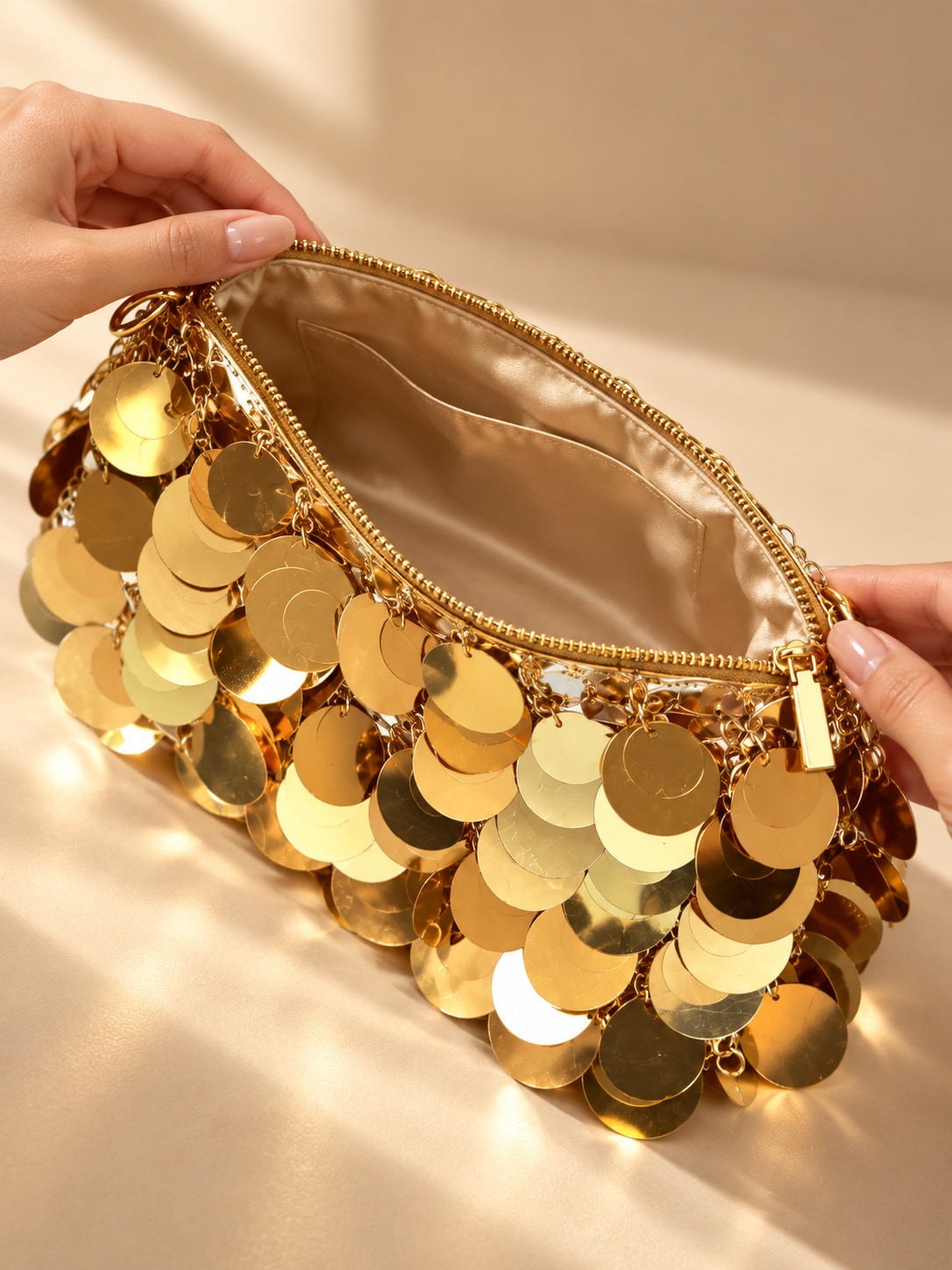 Gold Glamorous Tone Sequin Disc Shoulder Bag for Parties