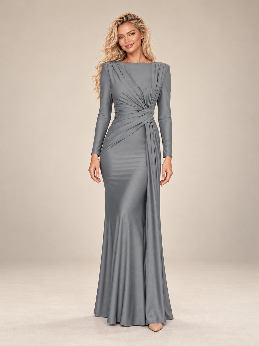 Gray Long Sleeve Ruched Maxi Dress for Formal