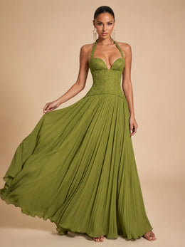 KoKodress Halter Deep V-Neck Pleated Maxi Dress for Wedding Guest