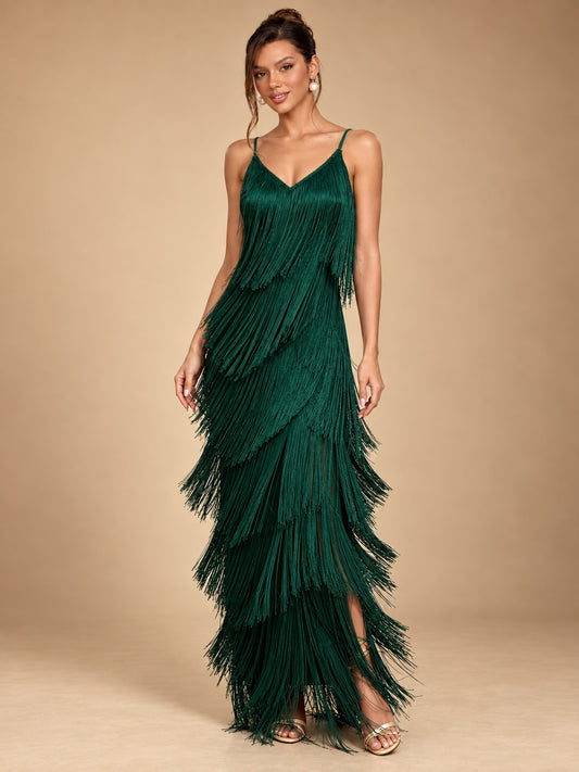 Green Fringe Maxi Dress for Party & Evening