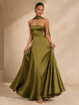 KoKodress Satin Strapless Maxi Dress with Scarf Cape for Weddings