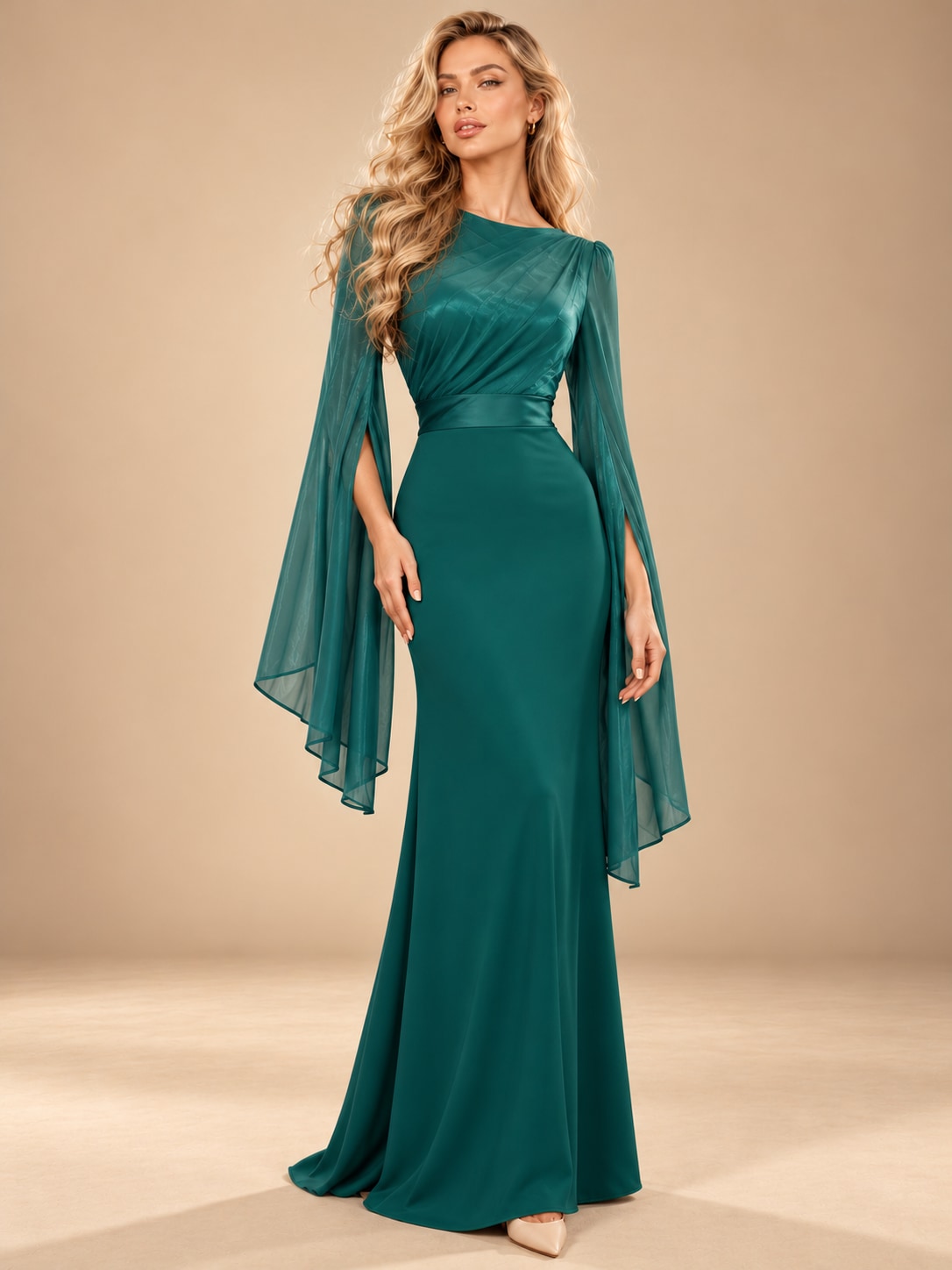 Green Satin Cape Sleeve Maxi Dress for Weddings & Gala