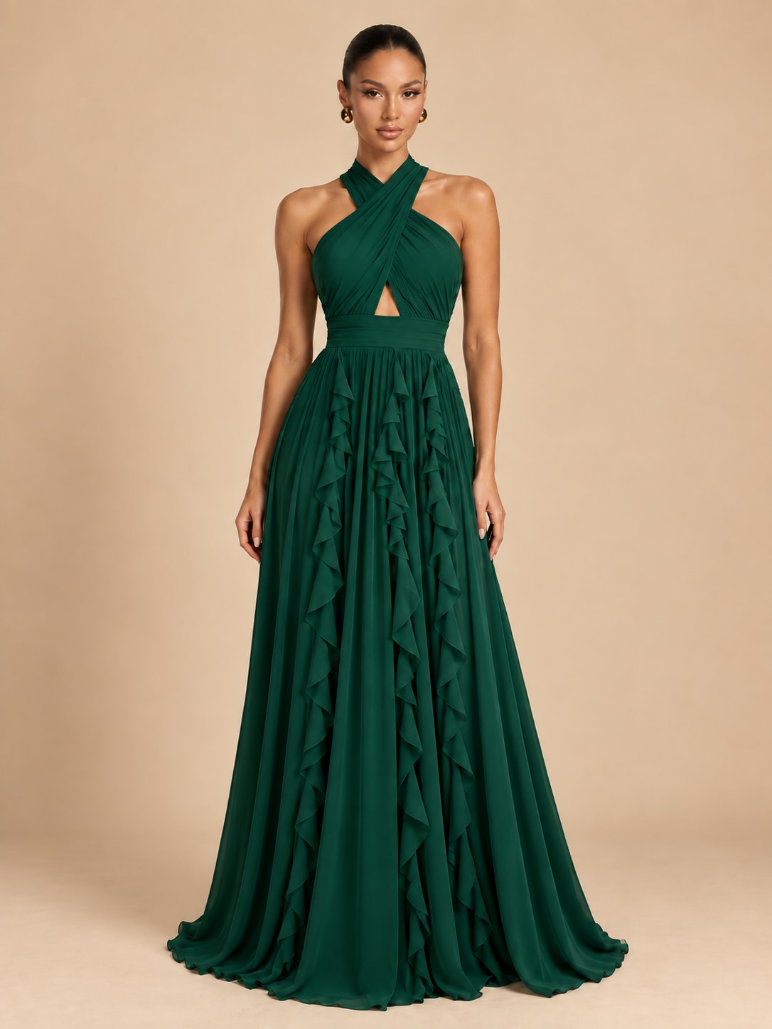 Green Halter Ruffle Maxi Dress for Wedding & Formal