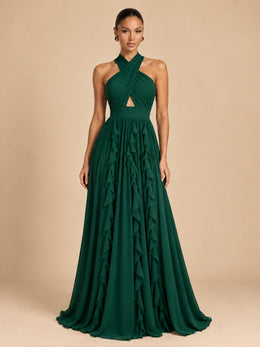 KoKodress Halter Ruffle Maxi Dress for Wedding & Formal