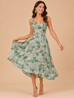 KoKodress Floral Square Neck Midi Dress for Wedding Guest