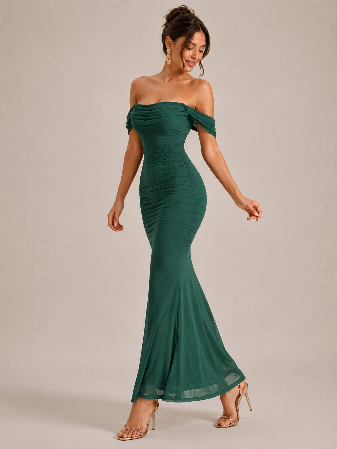 Green Teal Ruched Mermaid Maxi Dress for Wedding Guest