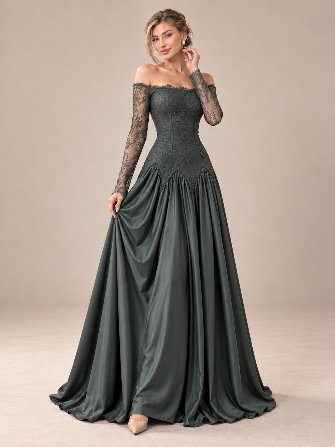 Green Off-Shoulder Lace Satin Gown for Wedding & Formal